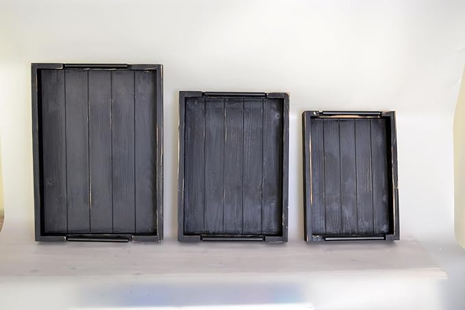 Coffee Table Tray Decorative Nested Vintage Wood Serving Tray Set for Eating, Breakfast, Party, Kitchen, Ottoman,Tea Coffee Table Large Ottoman Trays (Rustic Black, 3Pc)
