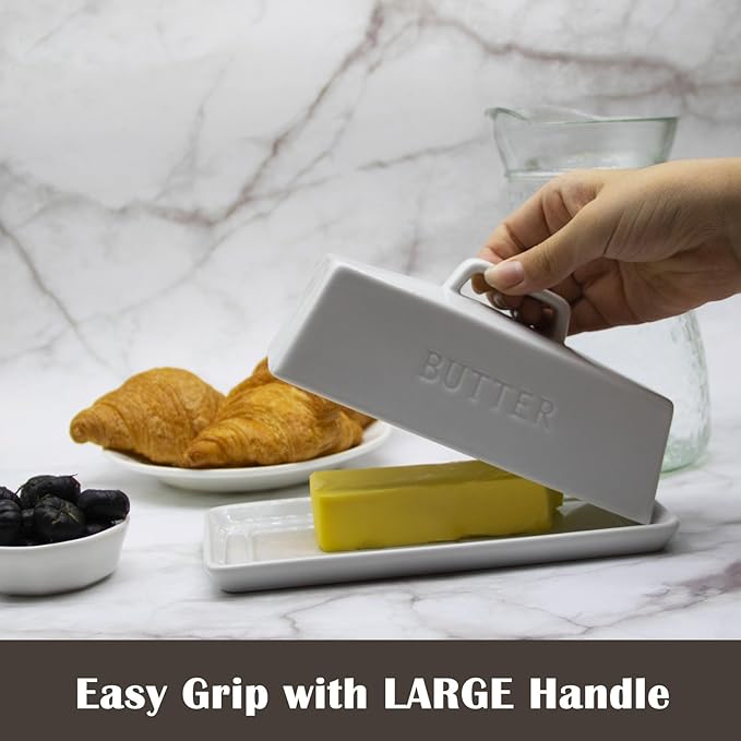 Ceramic Butter Dish With Lid for Countertop, Covered Butter Holder With Lid, White Butter Container, Butter Tray With Handle