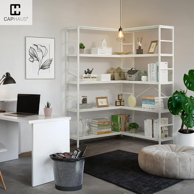 CAPHAUS L-Shaped Bookshelf, 5 Tier Industrial Corner Bookcase, Tall Corner Shelf with Metal Frame, Wooden Board, Open Display Shelf for Living Room, Bedroom, Home and Office,White