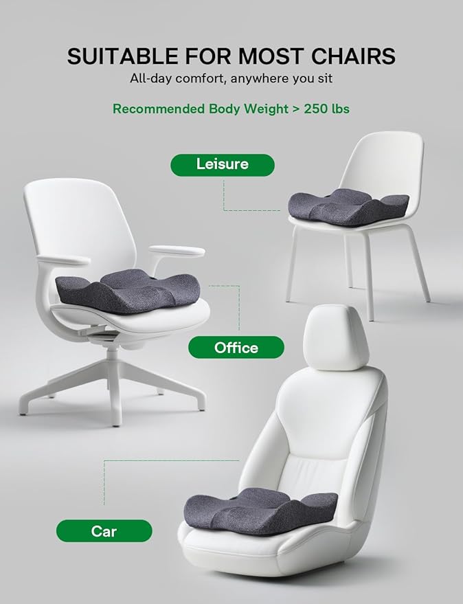 Seat Cushion, SC 200G Seat Cushions for Office Chairs, Car Seat, Wheelchair - Sciatica & Tailbone & Coccyx Pain Relief Pillow for Driver Sedentary People（Size:22.8 * 16.5 * 4.3 in-Grey）