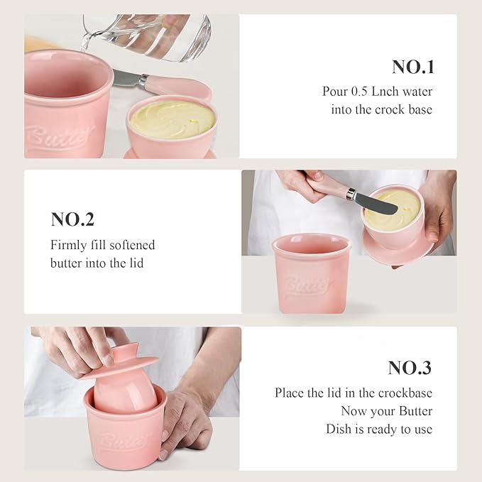 Ceramic Butter Crock with Lid & Spreader Knife, Butter Keeper - Ideal Butter Storage & Countertop Butter Dish,Pink