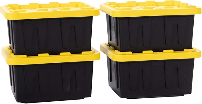 Plastic 5-Gallon Storage Tote with Lockable Lid, Stackable Tough Regular-Duty Bin for Garage, Tools, and Home Organization (4-Pack) - Black and Yellow