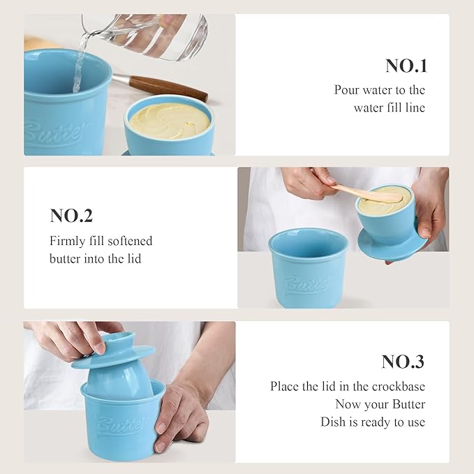 Butter Crock for Counter with Water, French Butter Keeper for Spreadable Butter Ceramic Butter Dish with Lid for Countertop, Butter Container Holder, Home Kitchen Decor (Blue, M)