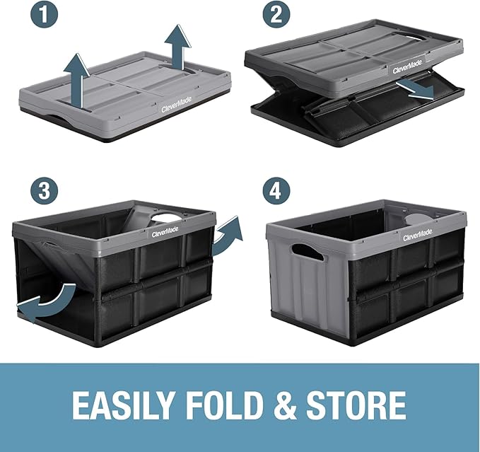 CleverMade Collapsible Storage Bins - Ocean 3 Pack 32L / 8 Gal holds 66 lbs - Stackable Containers Heavy Duty Capacity Folding Crates Space-Saving