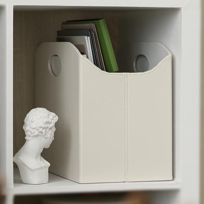 EZDeco Magazine Holder Foldable Magazine Rack Floor PU Leather File Holder Newspaper Book Storage Basket Document File Folder Organizer for Office Home (Off-white-1)