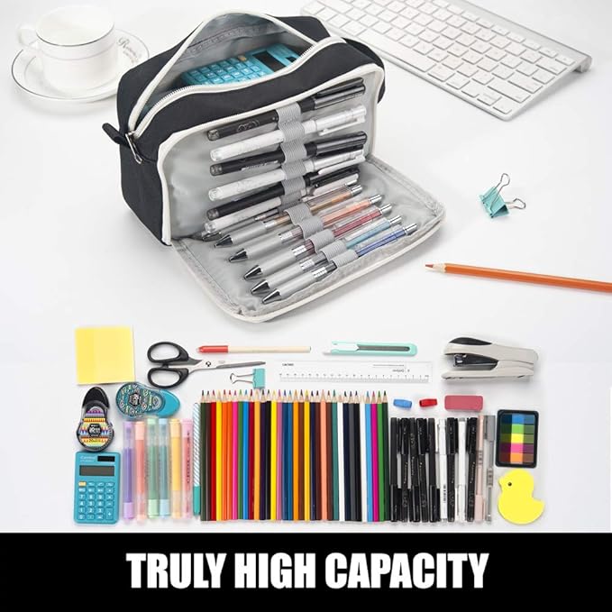 Sooez High Capacity Pencil Case, Big Pencil Bag Pouch Box Organizer Pen Case, Portable Journaling Supplies with Easy Grip Handle & Loop, Asthetic Supply for Girls Adults, Black