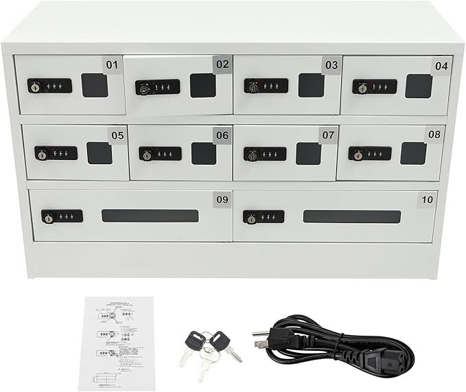 10 Slot Cellphone Charging Station Cell Phone Locker with Combination Lock, Cellphone Storage Cabinet with 3 in 1 QC3.0 Fast Charging Ports for Most Phones Tablets, for Office Classroom
