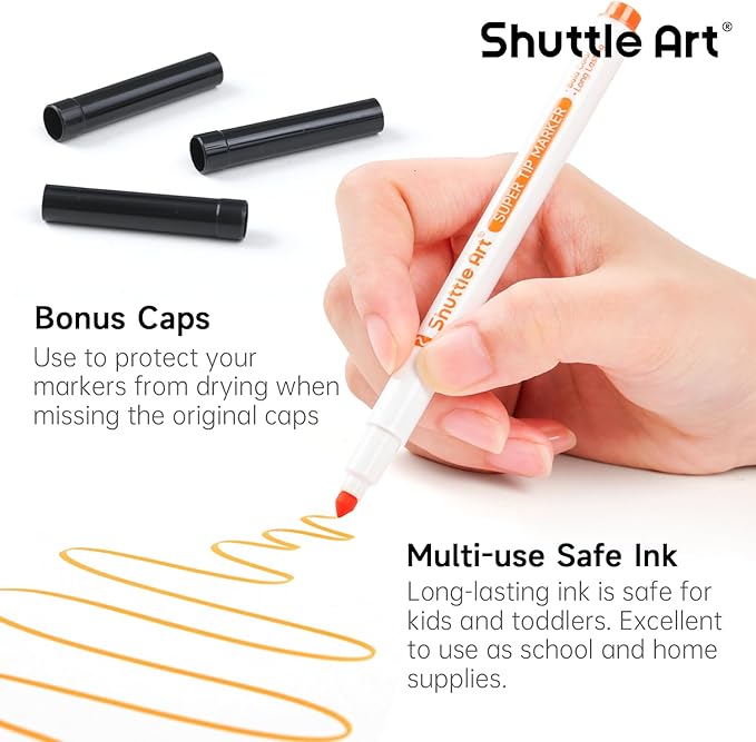 Shuttle Art 384 Pack Washable Super Tips Markers, 16 Assorted Colors Conical Tip Large Markers Bulk with a Box, Bonus Caps, Home Classroom School Supplies for Toddlers Kids Adults Students Teachers