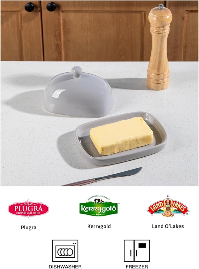 Sweejar Ceramic Butter Dish with Lid for Countertop,Porcelain Butter Keeper with Knob Handle,Butter Container for East/West Coast Butter, 7.3*4.1 inches (Gray)