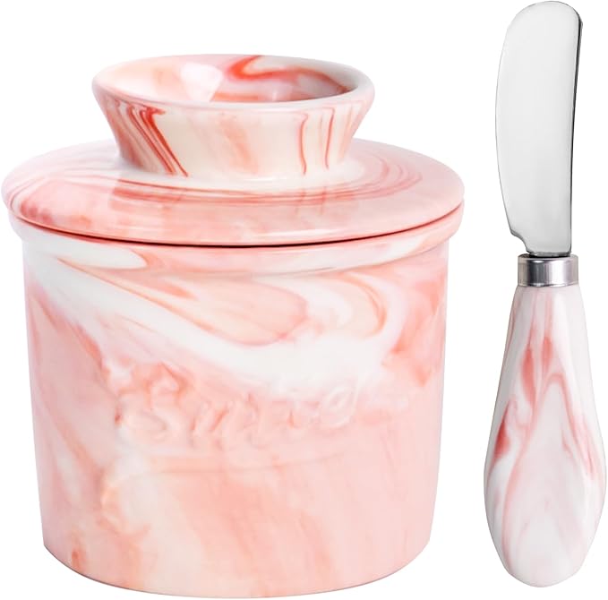 Ceramic Butter Crock with Lid & Spreader Knife, Butter Keeper - Ideal Butter Storage & Countertop Butter Dish (Marble Pink with Marble Pink Knife, M)