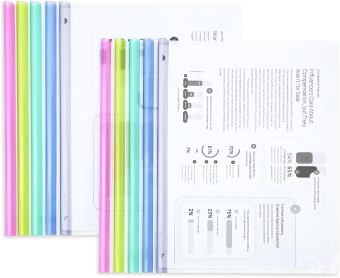M&G 10 Pack Report Covers with Sliding Bar, 8mm Clear Report Covers for A4 and Letter Size Paper, 60 Sheet Capacity, Presentation File Folder Document Binder for School Office (Colored Sliding Bar)