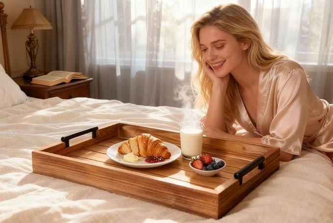 Coffee Table Tray Decorative Nested Vintage Wood Serving Tray Set for Eating, Breakfast, Party, Kitchen, Ottoman,Tea Coffee Table Large Ottoman Trays (Wood, 3Pc)