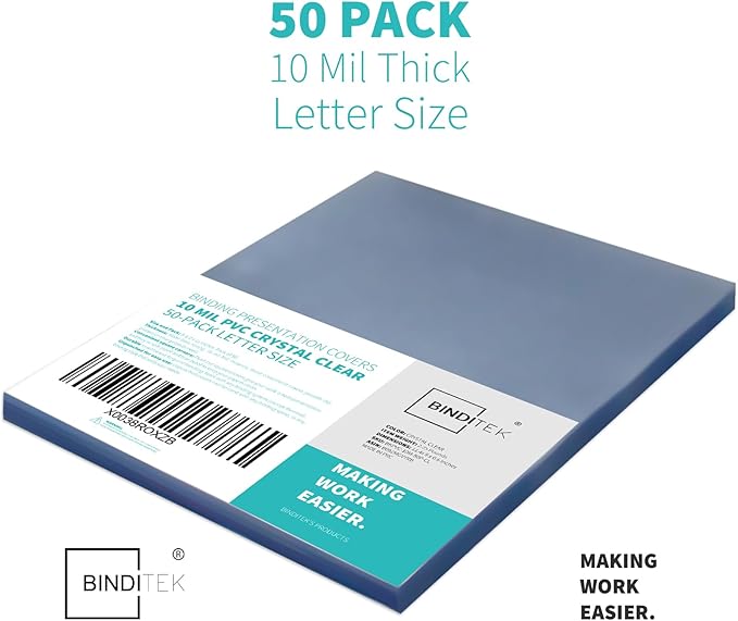 Binditek 50 Pack 10 Mil PVC Binding Presentation Covers, 8.5 x 11 Inches, Letter Size, Square Corners, Un-Punched, Office Supplies