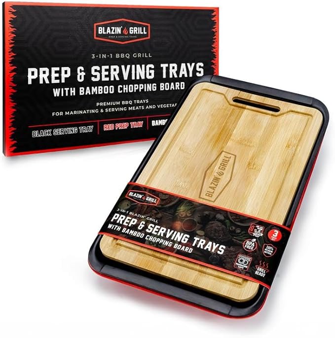 BLAZIN' GRILL Prep and Serving Trays | Set of 3 Stackable, Melamine Trays with Bamboo Cutting Board | Trays for Marinating, Serving & Chopping | Serving Platter for Plating Food & BBQ Prep Tub |