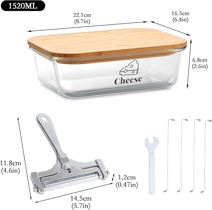 Cheese Container for Refrigerator,Glass cheese slice holder with Wooden Lid&Cheeses Cutter,Lunch Deli Meat Containers for Fridge,BPA-Free Shredded Cream Block Cheeses Storage Box keeper