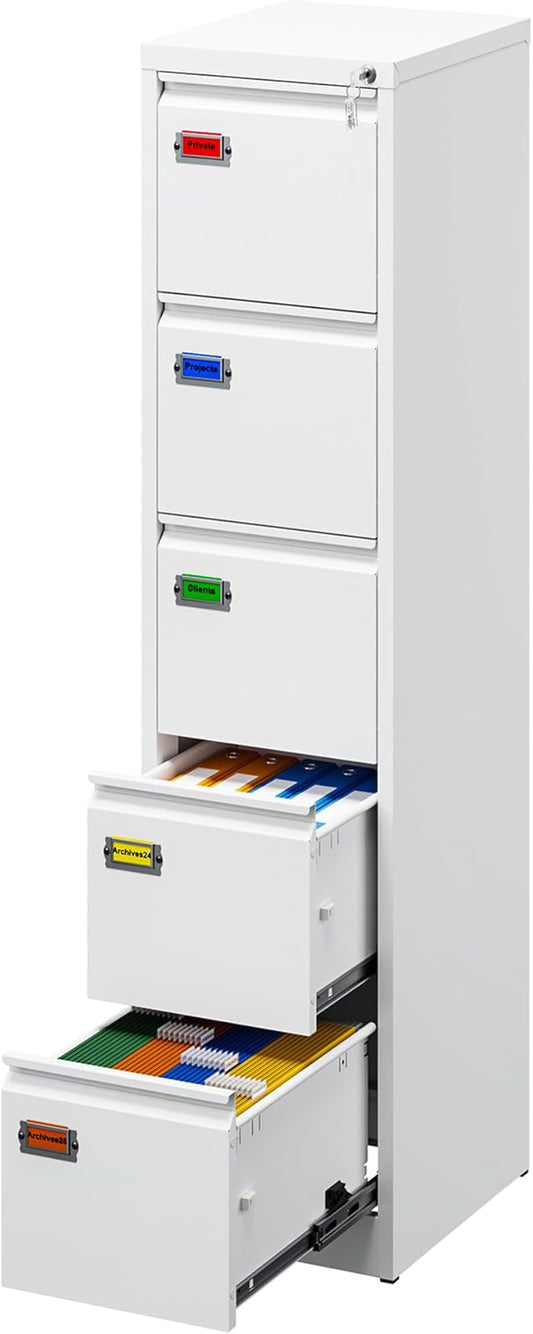5-Drawer File Cabinet, 16.3" Deep Vertical Metal Filing Cabinet with Lock for Home Office, Anti-Tip 5 Storage Drawers for Letter/Legal/A4/F4 Size (Assemble Required, White)