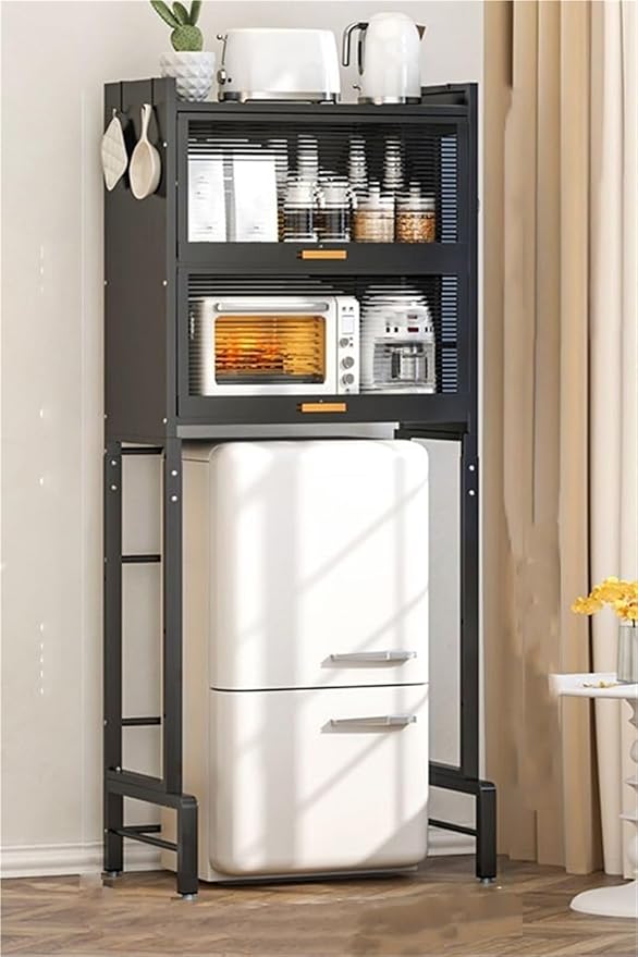 Stackable Kitchen Rack Cabinet Shelf Organizer - Adjustable Height Portable Mini Fridge & Microwave Stand with Large Storage Space - Black Kitchen Storage Solution