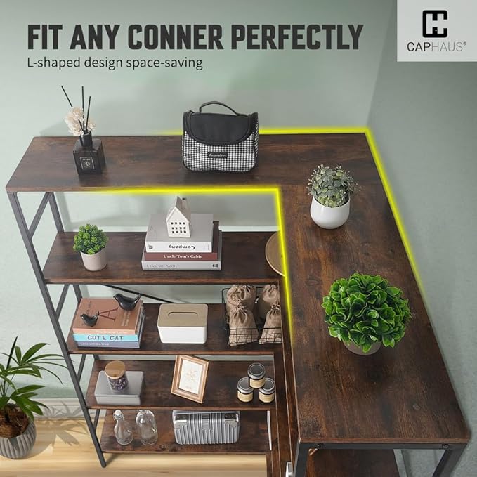 CAPHAUS L-Shaped Bookshelf, 5 Tier Industrial Corner Bookcase, Tall Corner Shelf with Metal Frame, Wooden Board, Open Display Shelf for Living Room, Bedroom, Home and Office, Rustic Oak