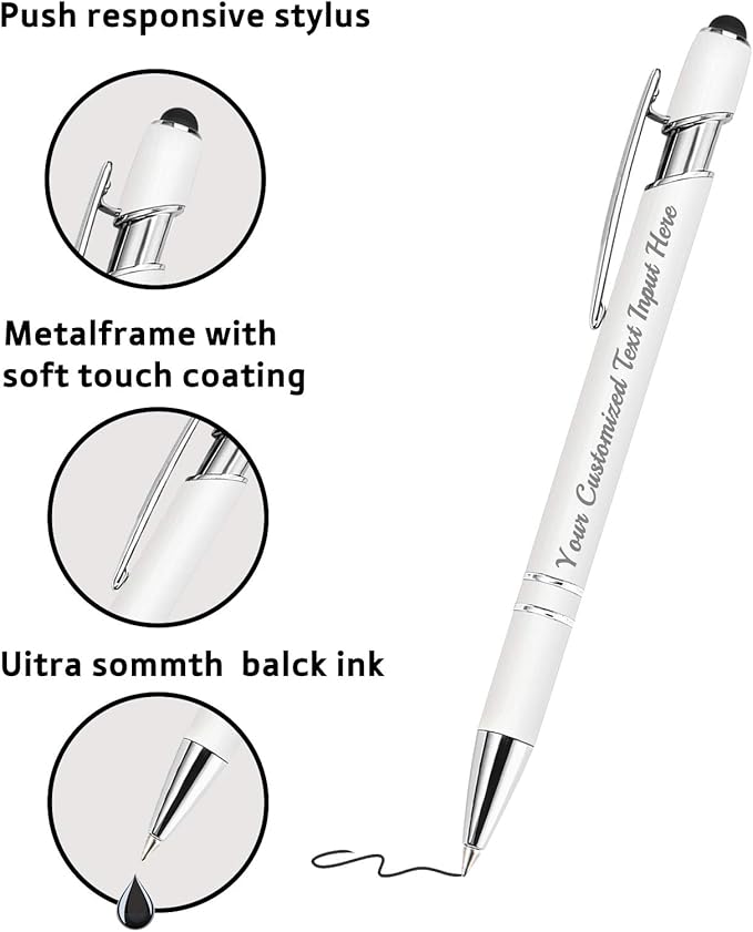 Up to 300 Pcs Personalized Ballpoint Pen Custom Pens Free Engraved Bulk with Name Logo Soft Black Ink Stylus with Touch Metal Office Gift for Anniversaries Graduations Birthdays