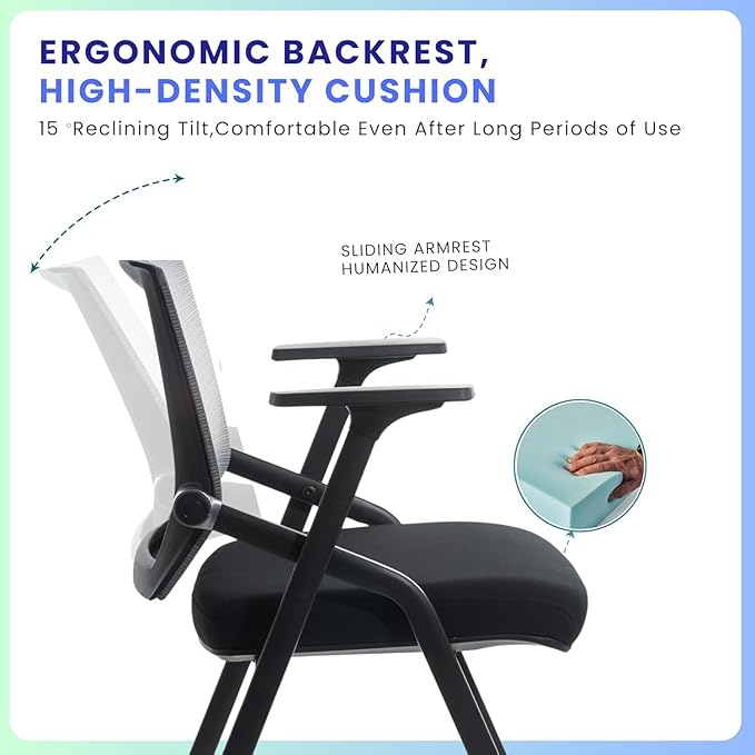 2 Pack Stackable Conference Room Chairs with Paddle Folding Office Foldable Desk Chair Mesh Back and Arms for Conference Meeting Guest Reception Home Office Training Room Chair Black