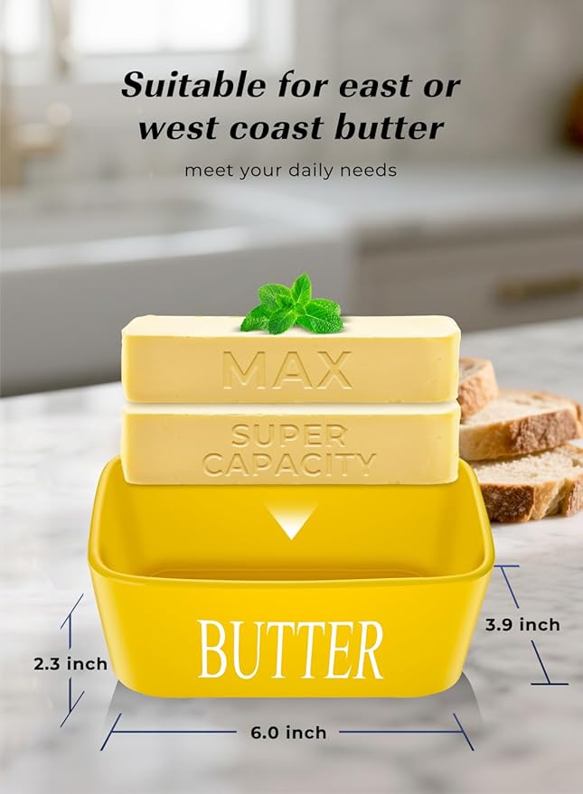 Large Butter Dish With Lid - Ceramic Container for Countertop, Holder With Knife and Sponge Scrubber, Perfect for 2 Sticks, Yellow