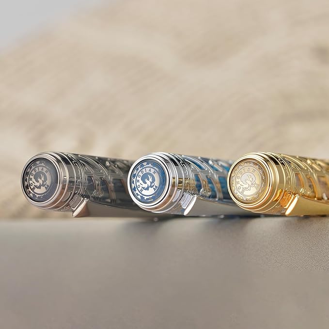 Hongdian A6 Piston Fountain Pen Fine Soft Nib, Jet Black Hollow Skeleton & Resin Pen with Metal Case Set