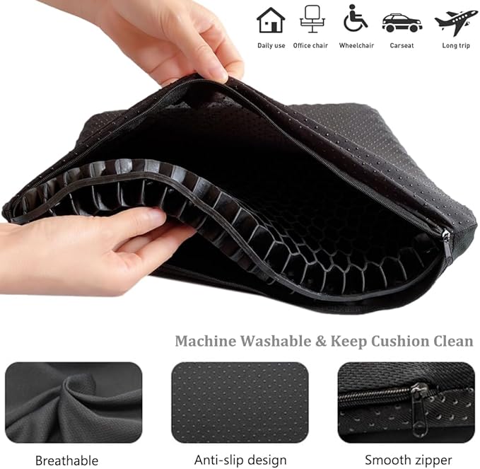 Gel Seat Cushion, Double Thick Egg Gel Cushion for Pressure Pain Relief, Breathable Wheelchair Cushion Chair Pads for Car Seat Office Chair (Black)