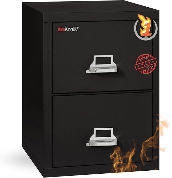 FireKing Vertical 2 Drawer Letter Fire Safe File Cabinet with Key Lock, 1 Hour Fire Rated, UL Rated & Water Resistant Home Safe, Made in The USA, Black