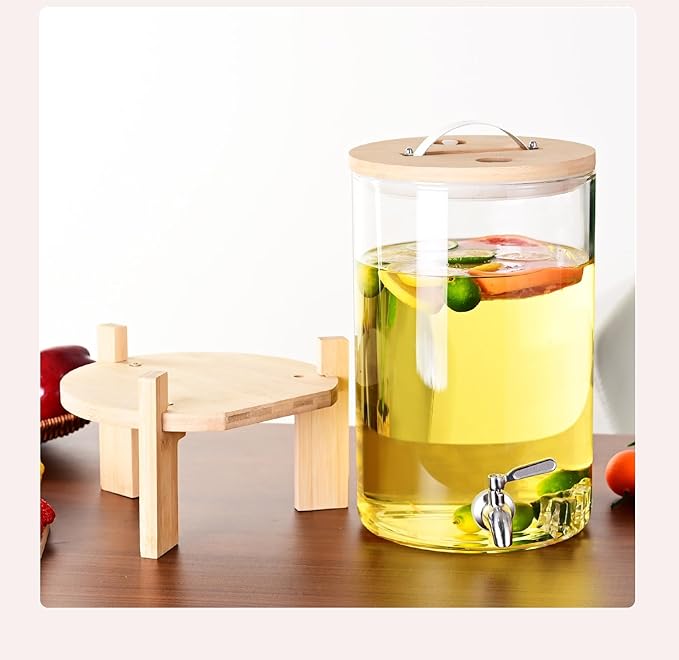 Glass Drink Dispenser, 2 gallons, With faucet wood stand Easy flow control, great for parties, bars & restaurants Large Glass Cold Beverage Dispensers.(2 gallon)