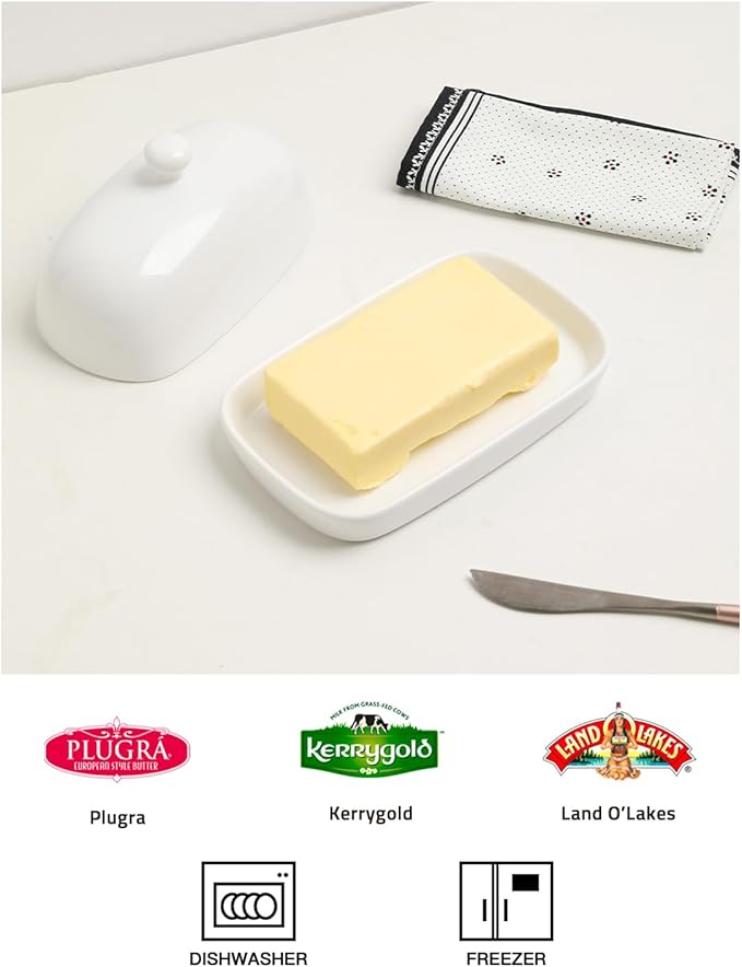 Sweejar Ceramic Butter Dish with Lid for Countertop,Porcelain Butter Keeper with Knob Handle,Butter Container for East/West Coast Butter, 7.1*3.7 inches (White)