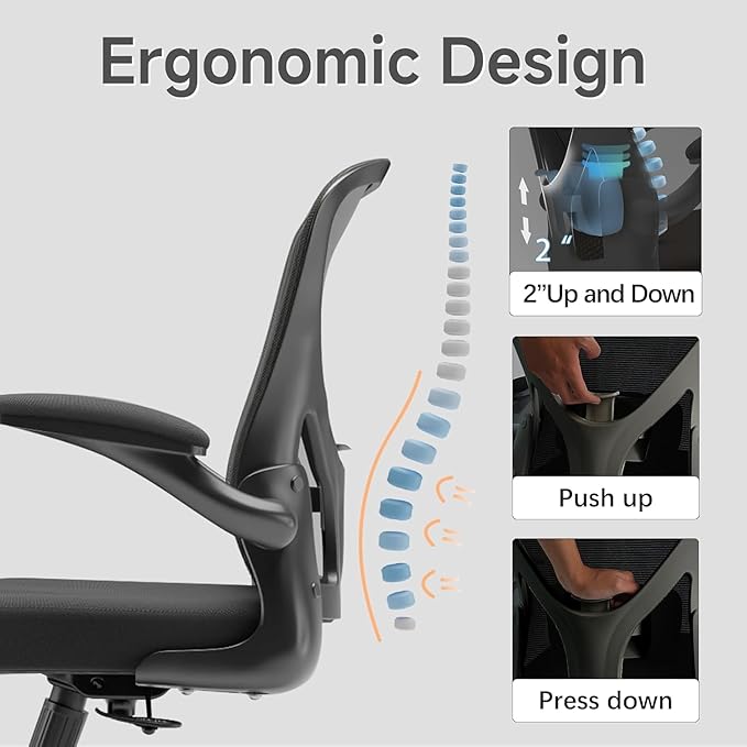Ergonomic Office Chair with Adjustable Lumbar Support & Flip-Up Armrests - High Back Computer Desk Chair with Thickened Seat Cushion, Rolling Wheels for Home/Office Study Work (01Blcak)