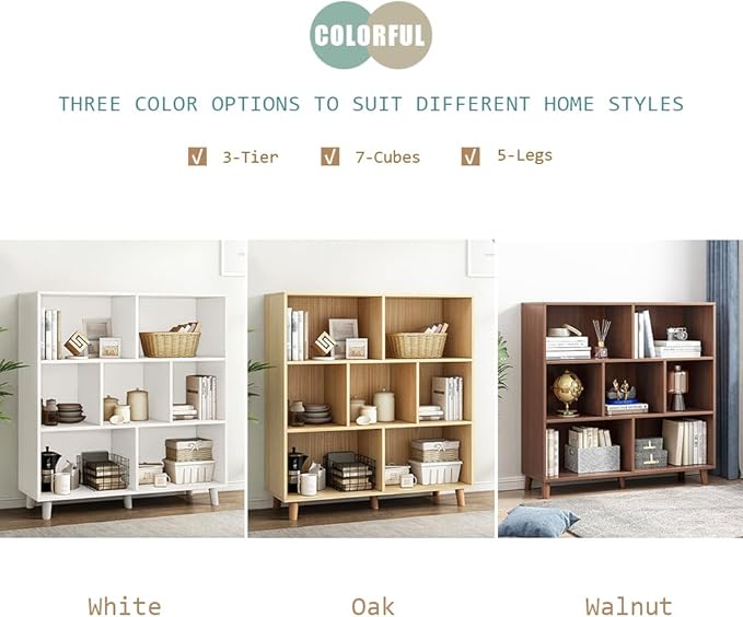 IOTXY Open Cube Low Bookcase - 3-Tier Freestanding Storage Display Cabinet Organizer with Legs for Home Office, 7-Cubes Open Shelf Short Bookshelf, Oak