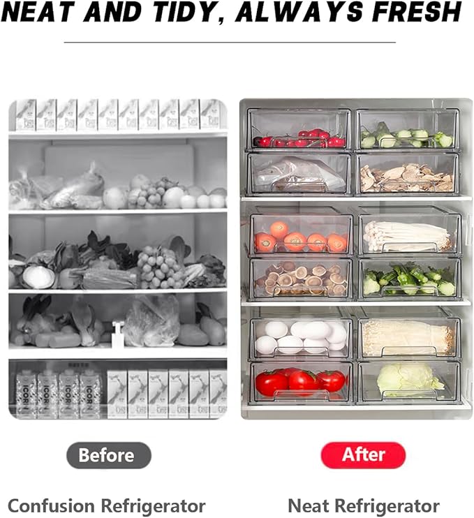 Stackable storage drawers, clear pull-out organizer with handles and non-slip pads for kitchen, refrigerator,office desktop, pantry and shelves, perfect for organization and storage (2 Pack, Medium)