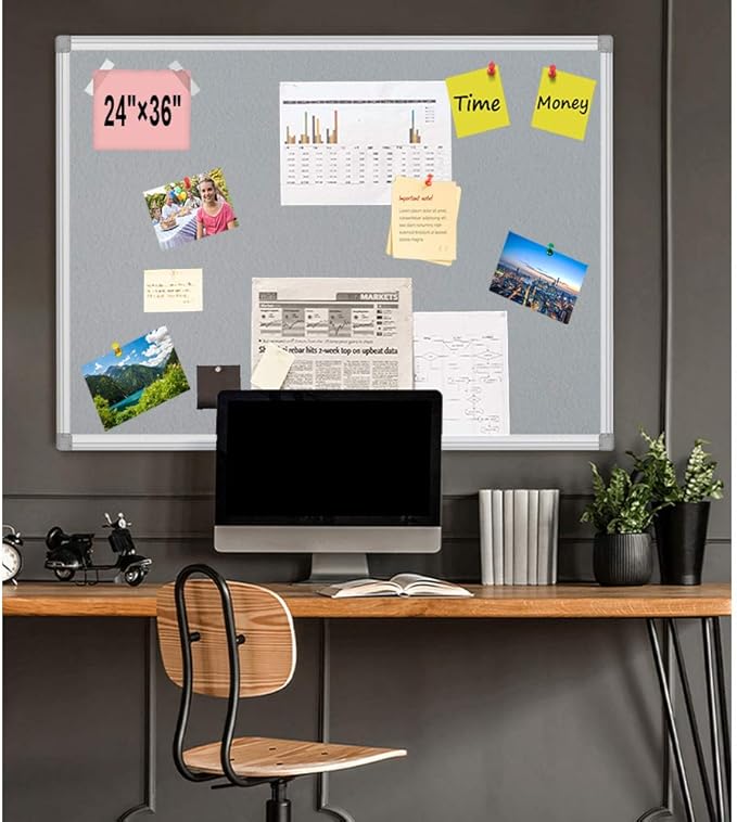 BIBOC Grey Fabric Bulletin Board, 36 x 24 inch, Wall Mounted Fabric Notice Board Cork Bulletin Board, Felt Board, Pin Board, Memo Board Sliver Aluminum Framed for Homes or Offices School