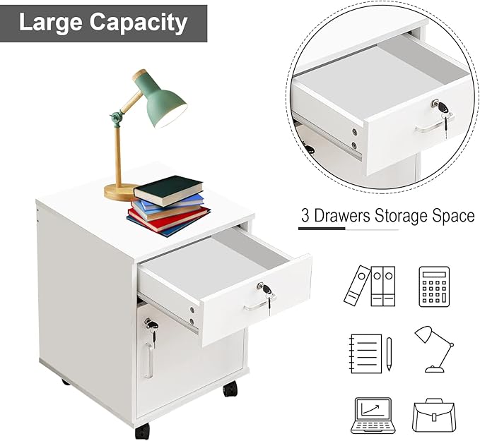 File Cabinet with Lock and Drawer, Mobile Under Desk Storage Cabinet with 360° Swivel Wheels, Wooden Filing Cabinet File Organizer for Legal/Letter/A4 Documents, Home Office Filing Cart (White)