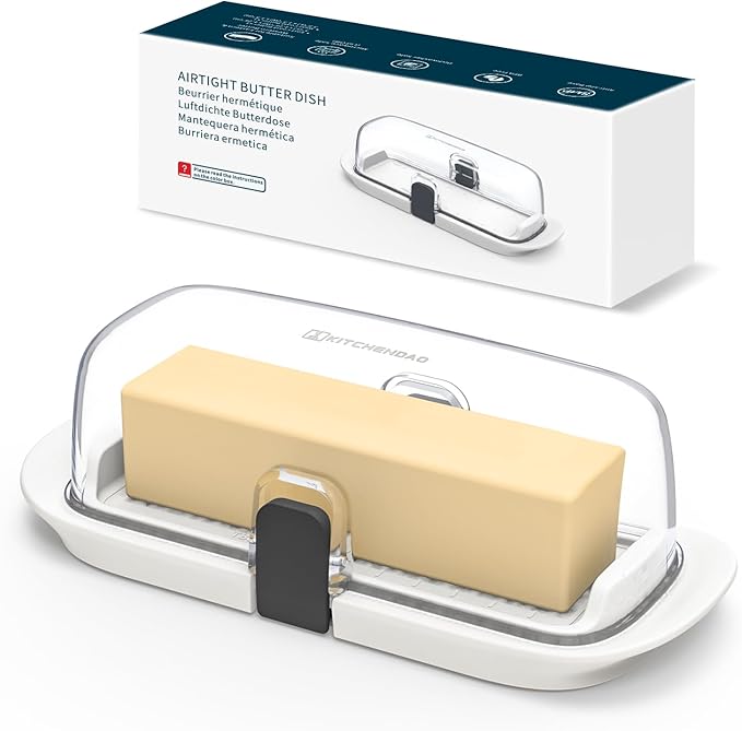 KITCHENDAO Airtight Butter Dish with Lid for Countertop and Refrigerator Door Shelf, Butter Holder with One Press to Open/Close Secure Latching Buckle, Butter Keeper for West/East Coast Butter (White)
