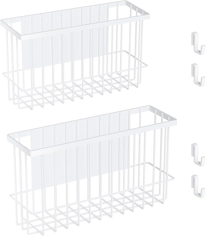 Magnetic Metal Basket Organizers, 2 Pack Large & Small, White, Strong Magnet Hanging Wire Storage Basket, Refrigerator/Whiteboard Classroom/Locker
