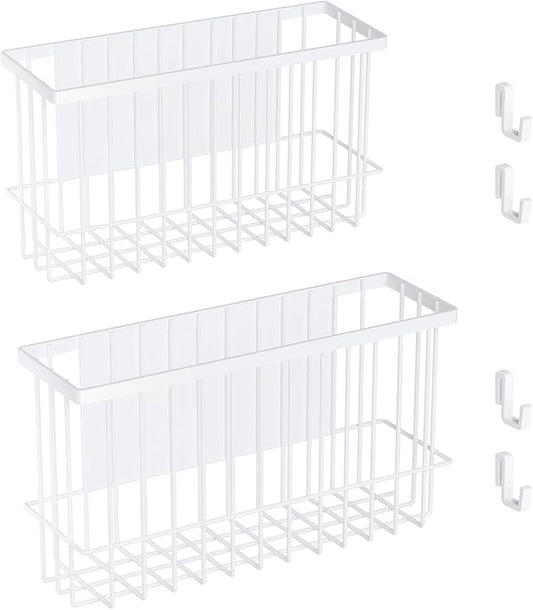 Magnetic Metal Basket Organizers, 2 Pack Large & Small, White, Strong Magnet Hanging Wire Storage Basket, Refrigerator/Whiteboard Classroom/Locker