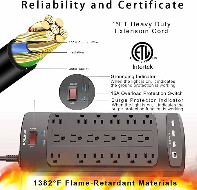 18 Outlets Surge Protector Power Strip - 15 Feet Flat Plug Heavy Duty Extension Cord with 18 Widely Outlets and 4 USB Ports, 2100 Joules, Black, ETL Listed
