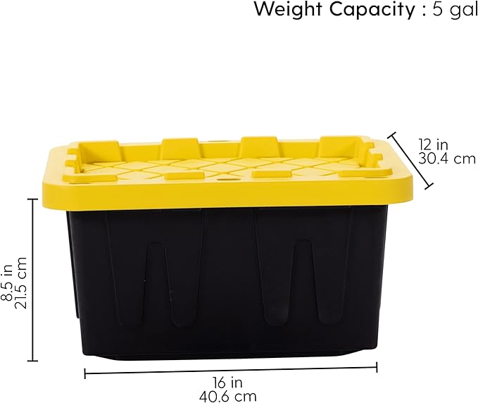 Plastic 5-Gallon Storage Tote with Lockable Lid, Stackable Tough Regular-Duty Bin for Garage, Tools, and Home Organization (2-Pack) - Black and Yellow