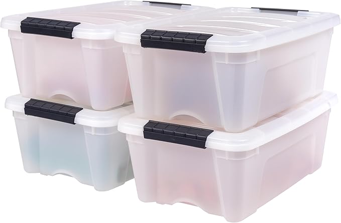 IRIS USA 13 QT Plastic Storage Box with Lid and Latches - 4 Pack - BPA-Free, Discreet Organizing Solution, Durable Nestable Stackable Containers, Secure Pull Handle - Pearl