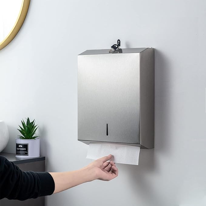 2 Packs Paper Towel Dispenser Wall Mount Commercial, Touchless Hand Towel Dispenser with Lock (Stainless Steel)