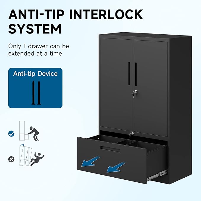 Metal File Cabinet with Drawer, Lockable Vertical Lateral Filing Storage Cabinet, File Cabinet with Storage Cabinet for Home Office, Legal/Letter/A4 Size Steel File Storage Cabinets, Black