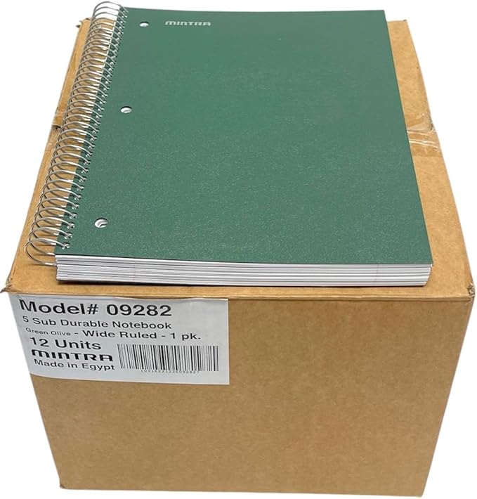 Mintra Office Durable Spiral Notebooks, 5 Subject (Green Olive, Wide Ruled 12pk)