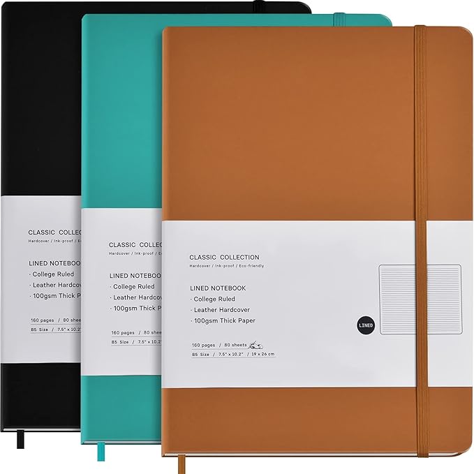3 Pack B5 Journal Notebooks Classic Ruled Notebooks Hardcover Lined Journals for Office Home School Business Writing Note Taking, 10.2 x 7.5 inch, 100GSM Thick Paper, 160 Pages (Black/Brown/Green)