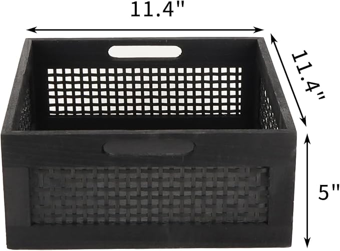 YRMT Wood Storage Crate Basket Rustic Wooden Storage Container for Organizing Decorative Bamboo Box with Handles for Pantry, Shelves Organizer 11.4" x 11.4" x 5" (Black)