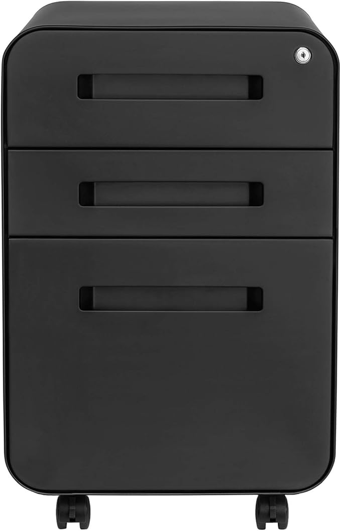 Laura Davidson Furniture Stockpile 3 Drawer File Cabinet with Lock - Under Office Desk Metal Filing Cabinet, Legal/Letter File Folders, Wheels and Stationary Feet, Pre-Assembled, Black