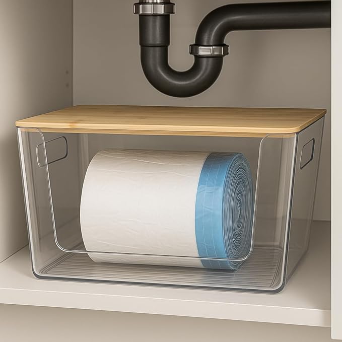 4 Pack Clear Stackable Potato & Onion Storage Bins - Trash Bag Holder Dispenser Under Sink Organizer for Pantry, Kitchen Countertop - Trash Bag Dispenser with Bamboo Lid for 4-13 Gal Bags