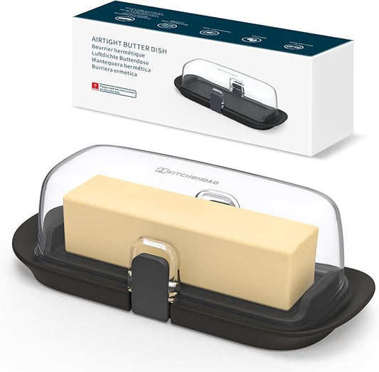 KITCHENDAO Airtight Butter Dish with Lid for Countertop and Refrigerator Door Shelf, Butter Holder with One Press to Open/Close Secure Latching Buckle, Butter Keeper for West/East Coast Butter (Black)