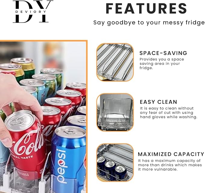 Soda Can Organizer with Automatic Can Pusher | Refrigerator Drink Organizer | Beverage Dispenser for Soda, Cans and Bottles | Space-Saving | Stainless Steel | Adjustable Sizes (5 Rows)